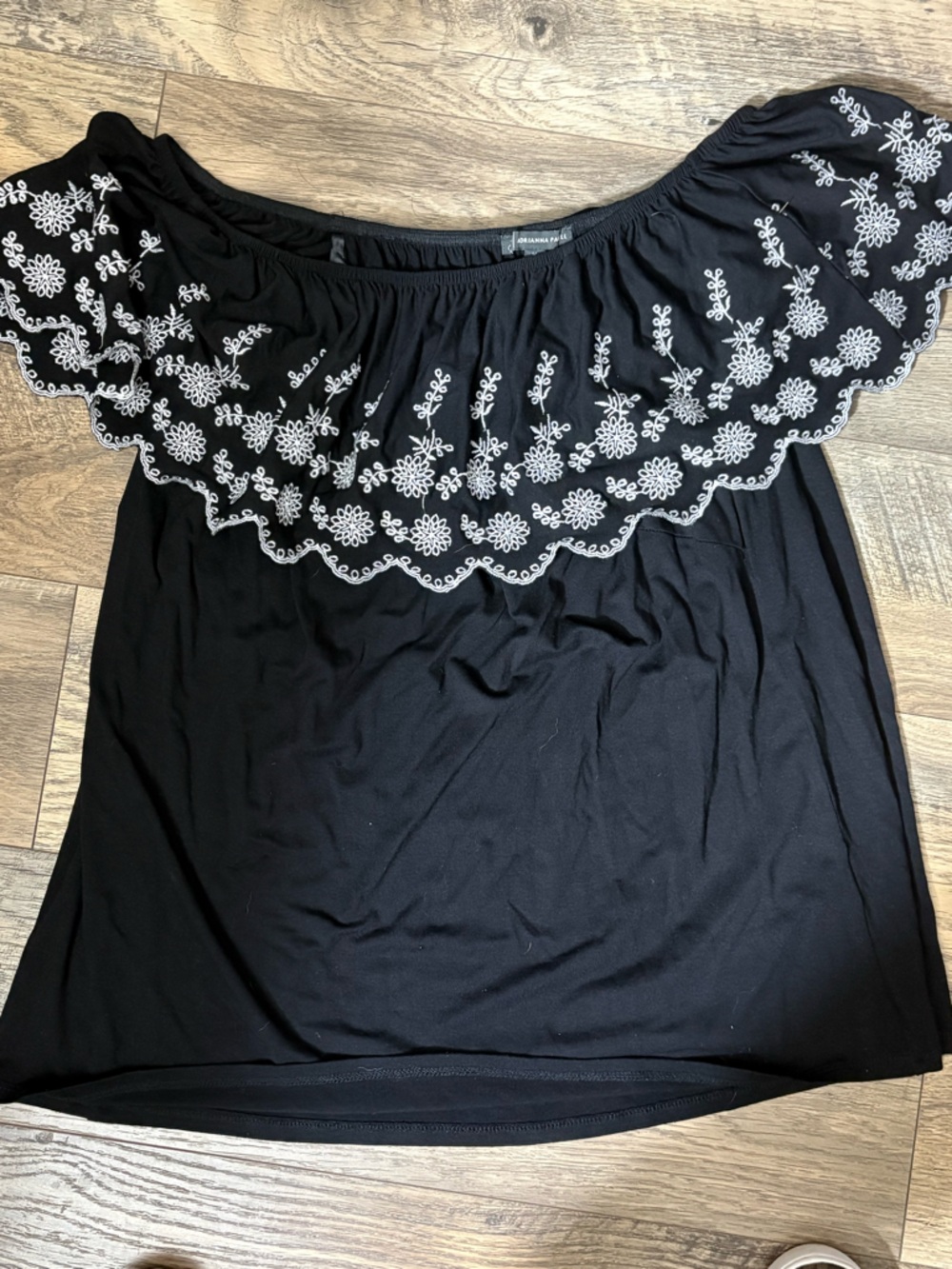 Adrianna Papell Black Off-Shoulder Top with White Embroidery